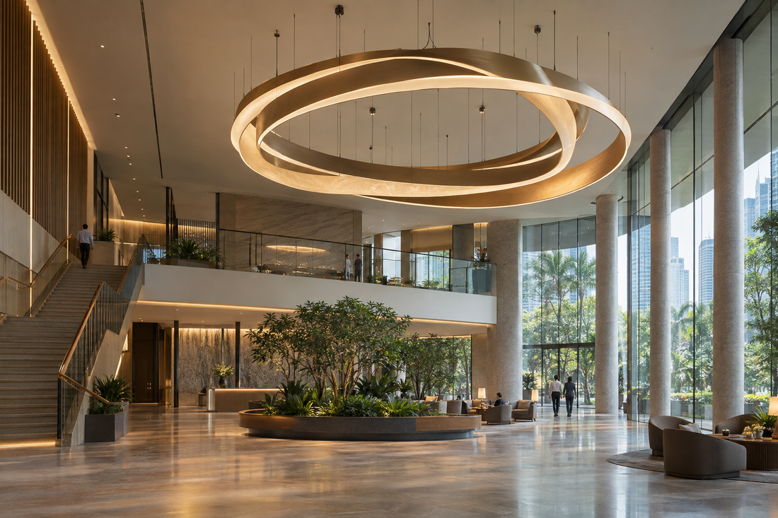 Concept illustration of bespoke suspended lighting in a commercial atrium