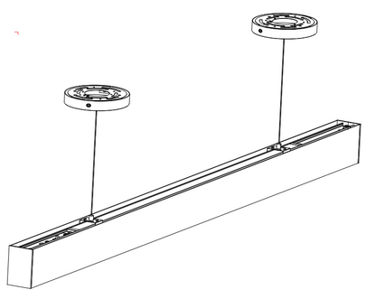 Linear pendant light fixture design with dual circular heads for modern spaces.