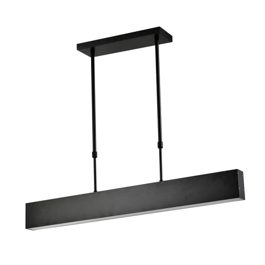 1'x4' suspended LED Pendant Light C2105 by Halcon Lighting with direct and indirect lighting functionality and transparent design when off.