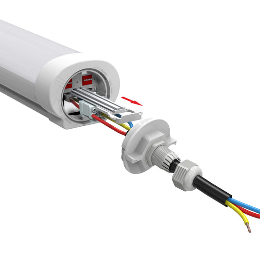 Internal wiring and components of Halcon Lighting's Vapor Tight LED light fixture, suitable for harsh environments