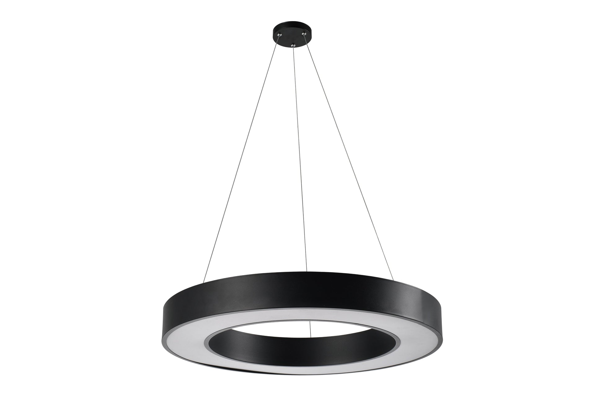 Black circular LED pendant light for modern commercial spaces
